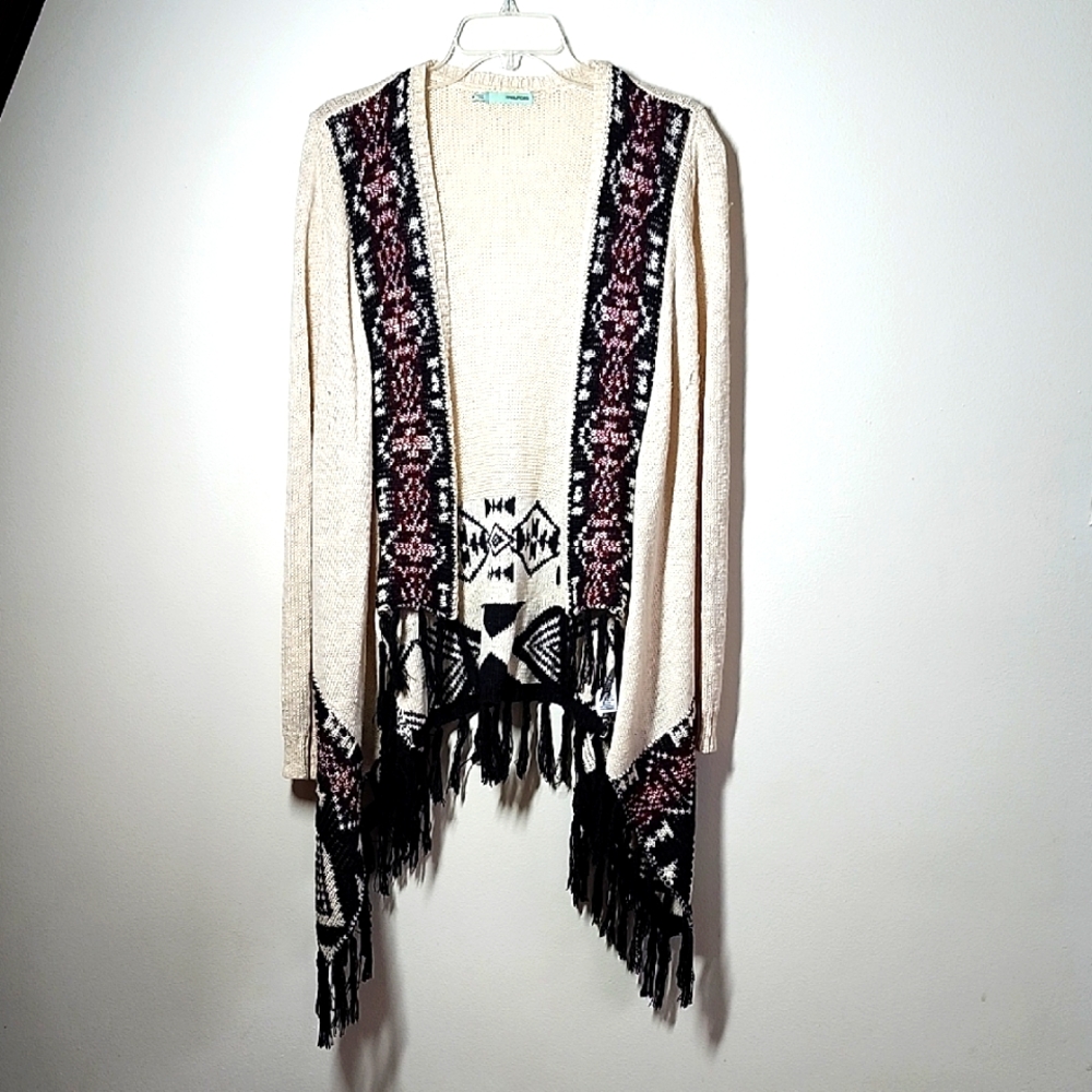Cream Black Southwestern Style Cardigan Sweater with Fringe Hem Medium Maurices